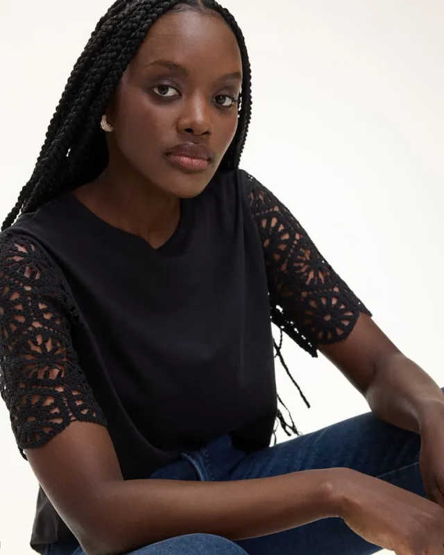 Crew-Neck Tee with Crochet Short Sleeves sold by Reitmans