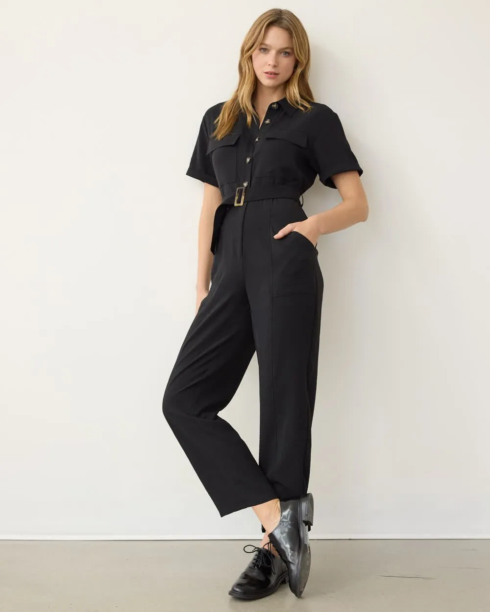 Straight-Leg Short-Sleeve Jumpsuit with Shirt Collar sold by Reitmans