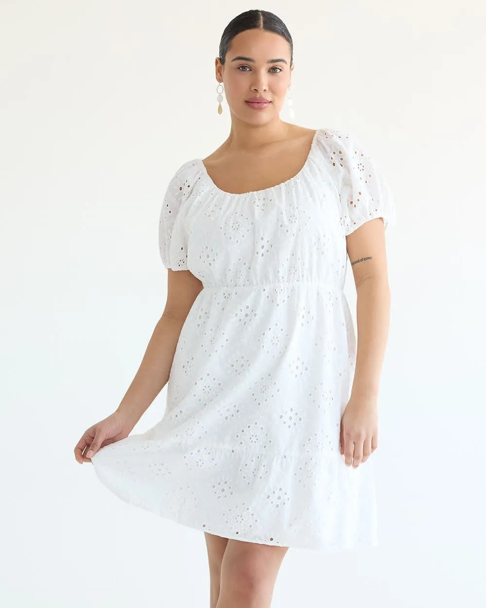 Short-Puffy-Sleeve Eyelet Dress with Scoop Neckline sold by Reitmans