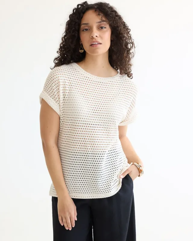 Extended-Sleeve Boat-Neck Mesh Top sold by Reitmans