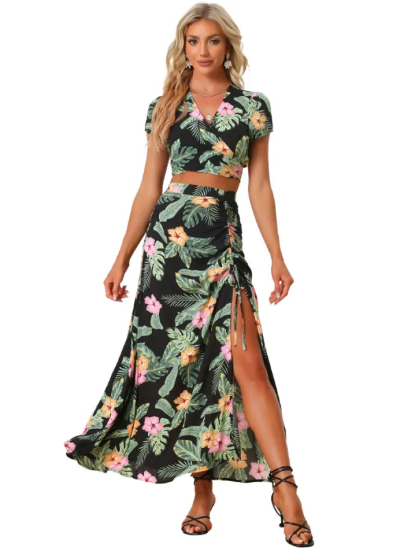 Allegra K - Tropical Wrap Crop Top Maxi Skirt Outfits sold by Reitmans