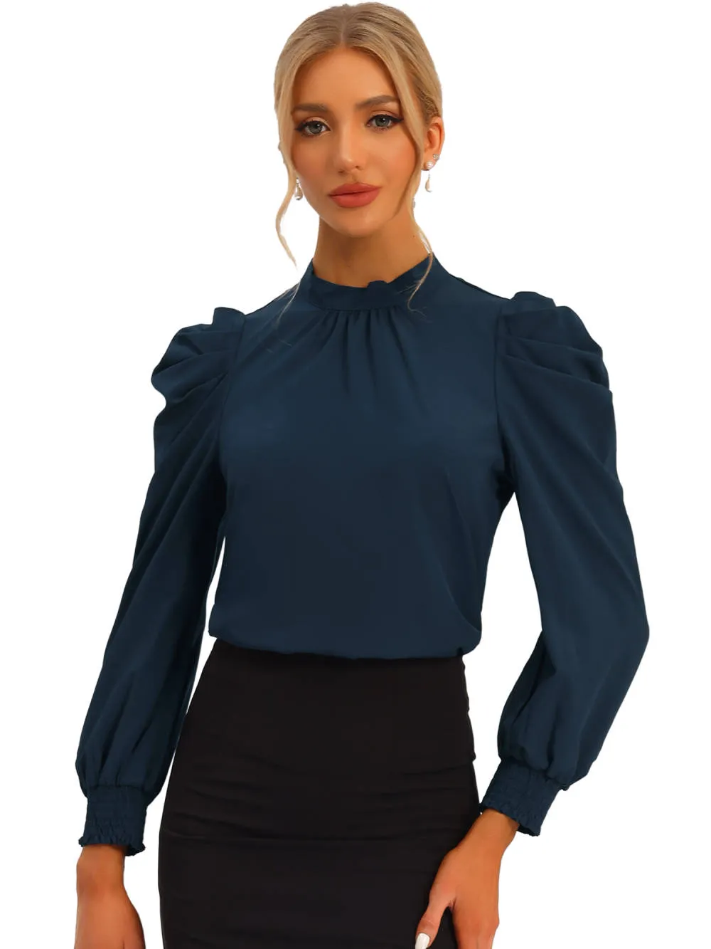 Allegra K - Mock Neck Tie Back Puff Sleeve Blouse sold by Reitmans