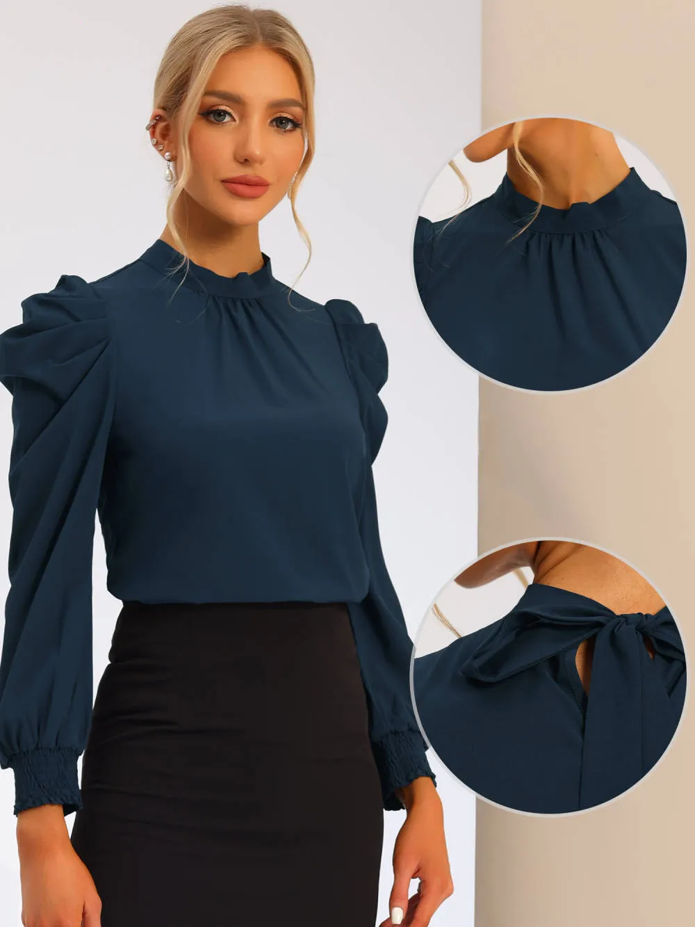 Allegra K - Mock Neck Tie Back Puff Sleeve Blouse sold by Reitmans product image thumbnail 2
