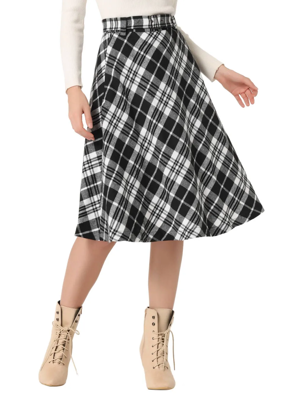Allegra K- Plaid Tartan Belted A-Line Midi Skirt sold by Reitmans