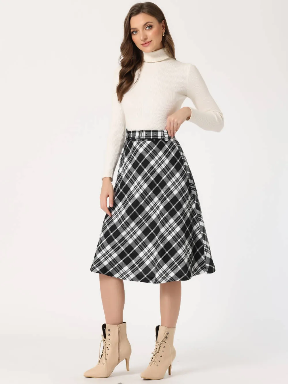 Allegra K- Plaid Tartan Belted A-Line Midi Skirt sold by Reitmans product image thumbnail 2