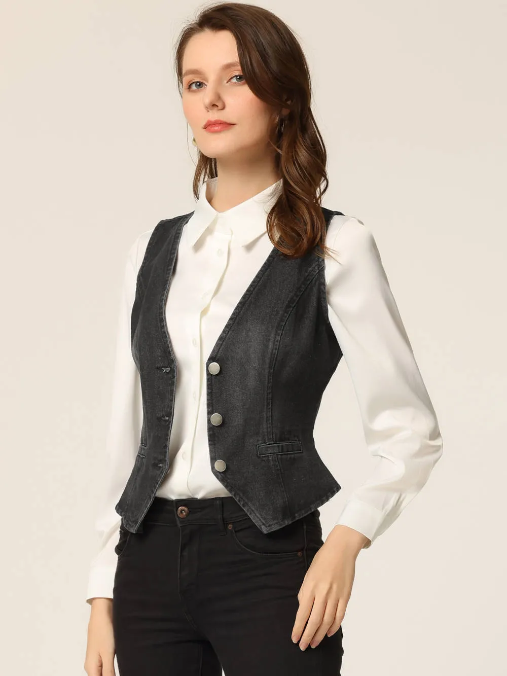 Allegra K- Sleeveless V Neck Button Down Jean Waistcoat Vest sold by Reitmans product image thumbnail 2