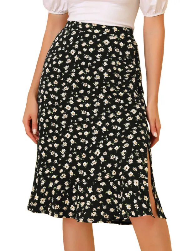 Allegra K- Floral Ruffle A-Line Split Midi Skirt sold by Reitmans