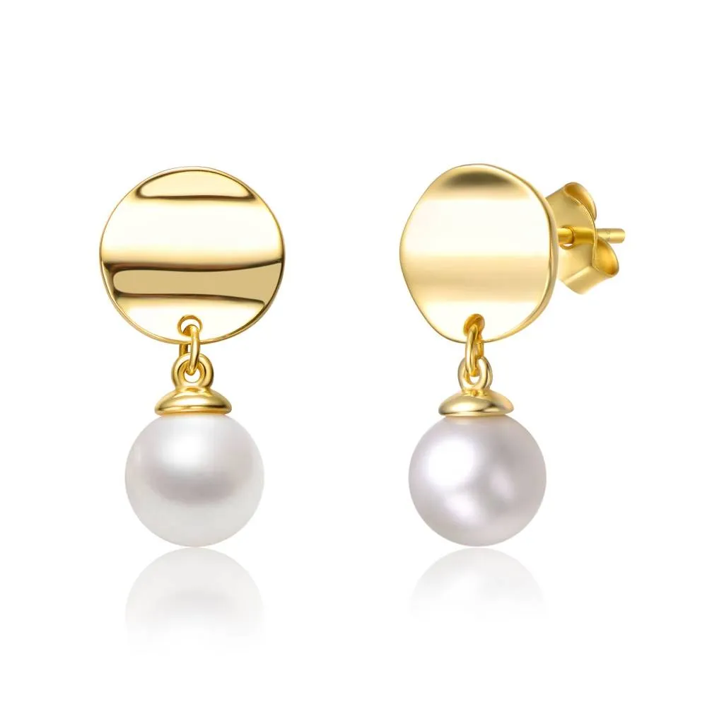 Genevive Sterling Silver 14k Yellow Gold Plated with White Pearl & Gold Medallion Coin Double Drop Dangle Earrings sold by Reitmans