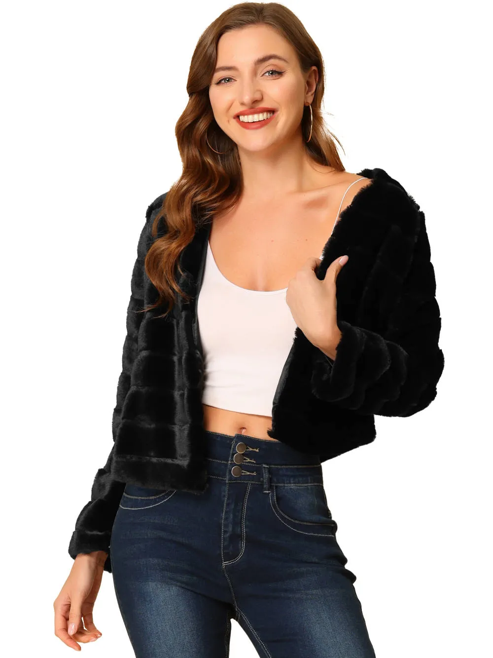 Allegra K- Cropped Collarless Faux Fur Fluffy Coat Jacket sold by Reitmans
