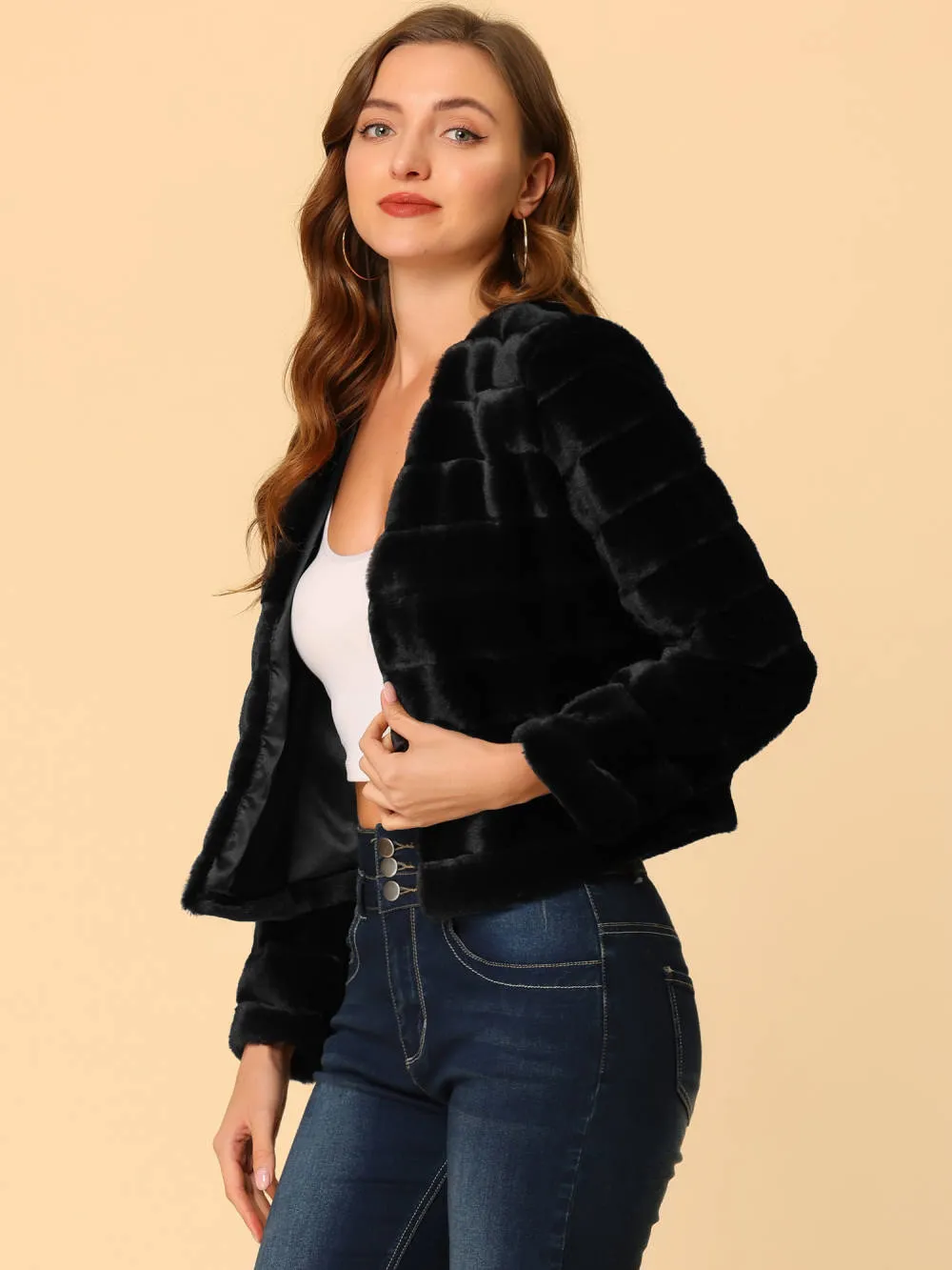 Allegra K- Cropped Collarless Faux Fur Fluffy Coat Jacket sold by Reitmans product image thumbnail 4