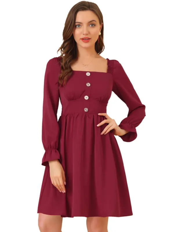 Allegra K- Ruffled Square Neck Button Decor Smocked Dress sold by Reitmans