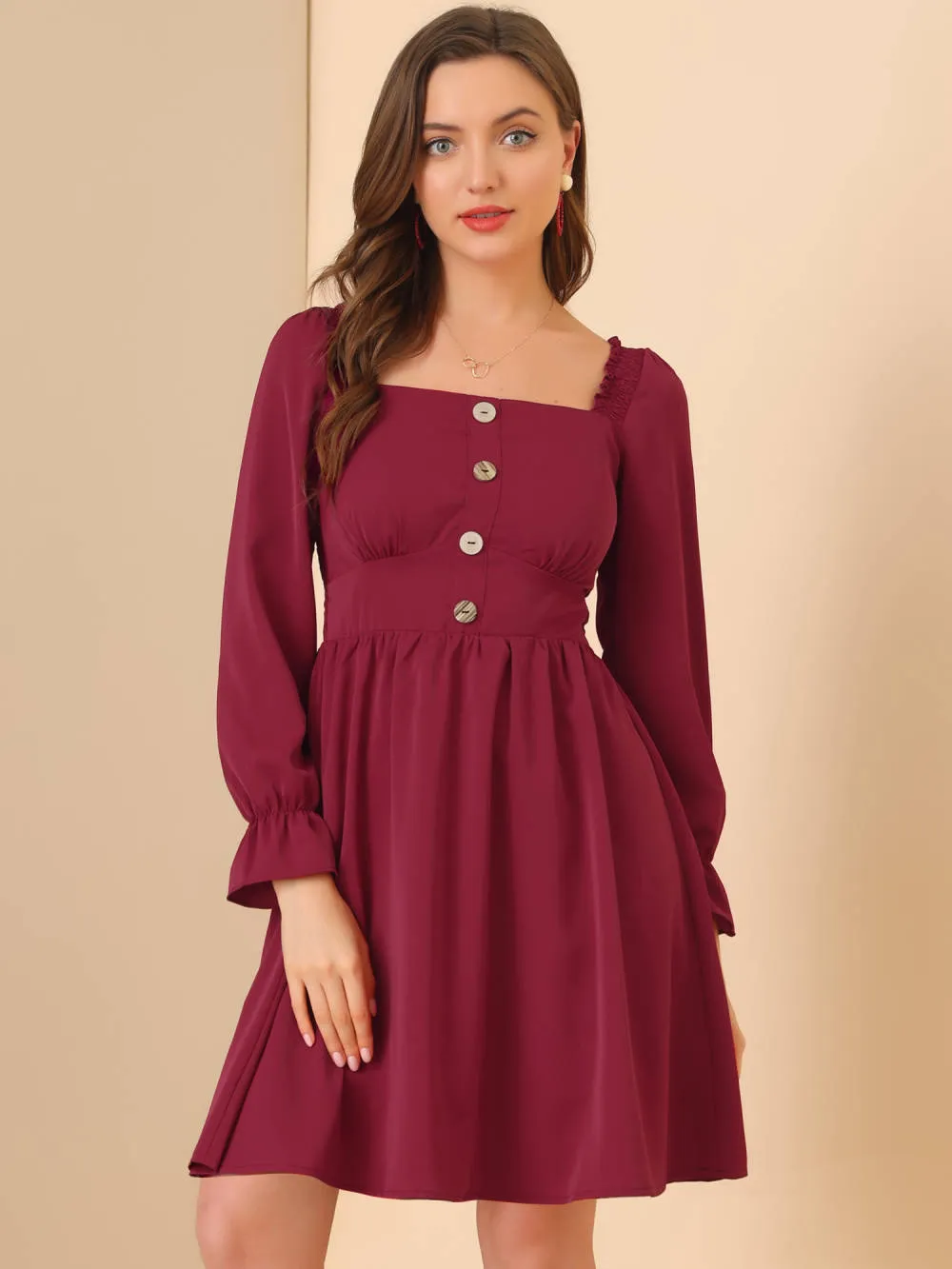 Allegra K- Ruffled Square Neck Button Decor Smocked Dress sold by Reitmans product image thumbnail 3