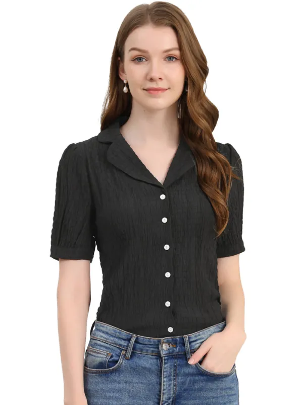 Allegra K- Camp Collar Textured Short Bubble Sleeve Shirt made by Reitmans