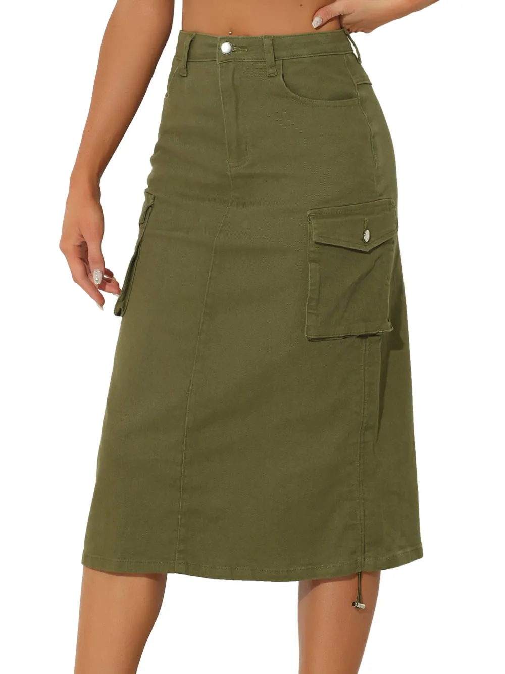 Allegra K- Flap Pocket Back Slit Drawstring Midi Cargo Skirt sold by Reitmans