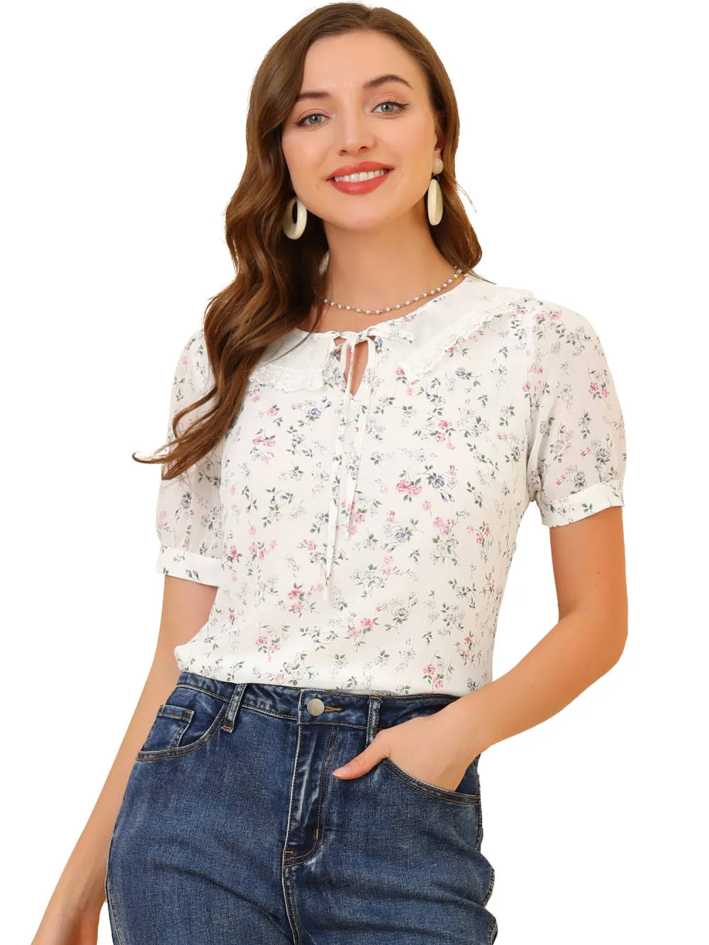 Allegra K - Lace Collar Tie Neck Summer Floral Chiffon Top sold by Reitmans