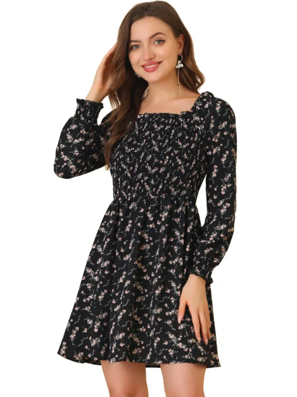 Allegra K- Smocked Square Neck  Floral Mini Dress sold by Reitmans