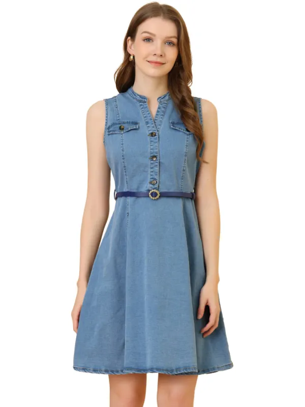 Allegra K- Denim Sleeveless Belted Flare Shirt Dress sold by Reitmans