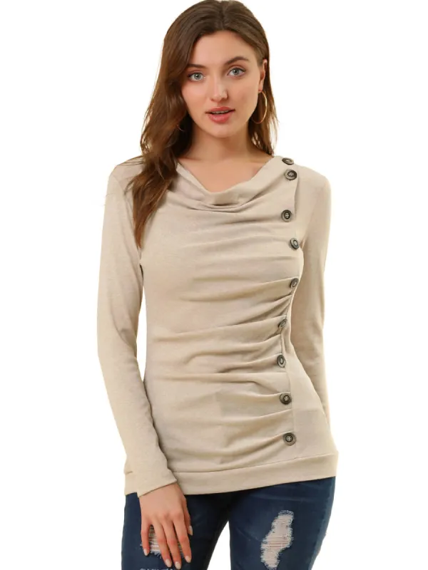 Allegra K- Cowl Neck Buttons Decor Ruched Blouse sold by Reitmans
