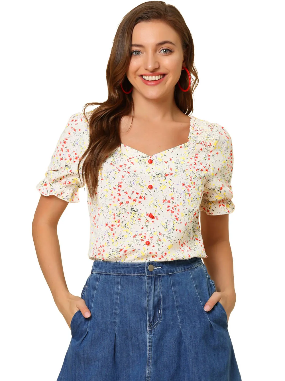 Allegra K- Floral Print Sweetheart Neck Short Sleeve Slim Fit Top sold by Reitmans