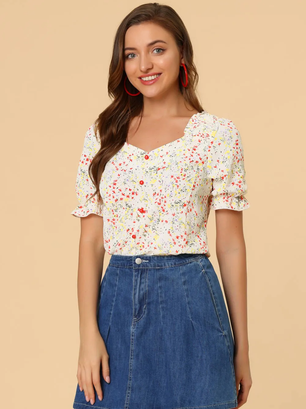 Allegra K- Floral Print Sweetheart Neck Short Sleeve Slim Fit Top sold by Reitmans product image thumbnail 2