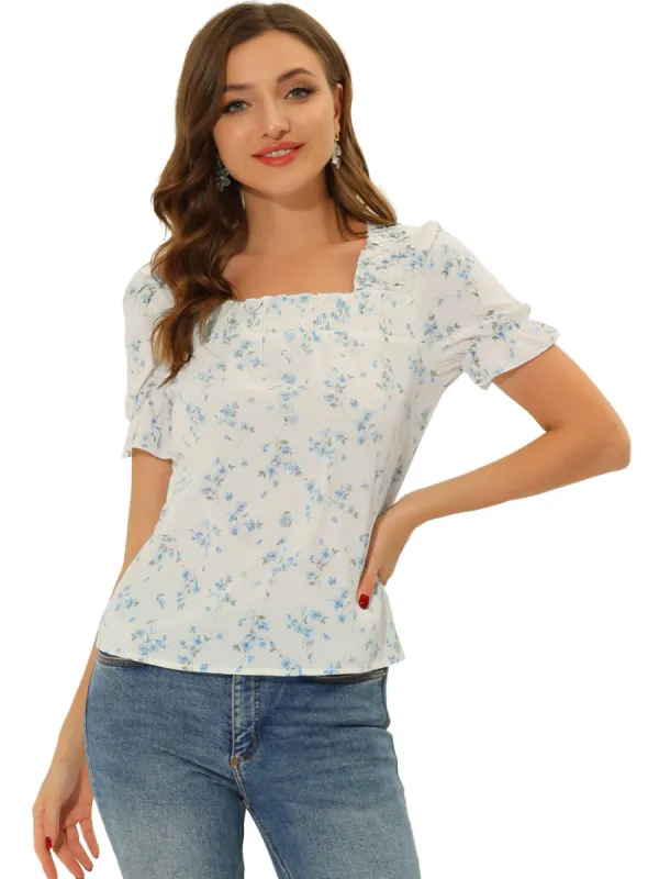 Allegra K - Square Neck Short Sleeve Floral Blouse sold by Reitmans