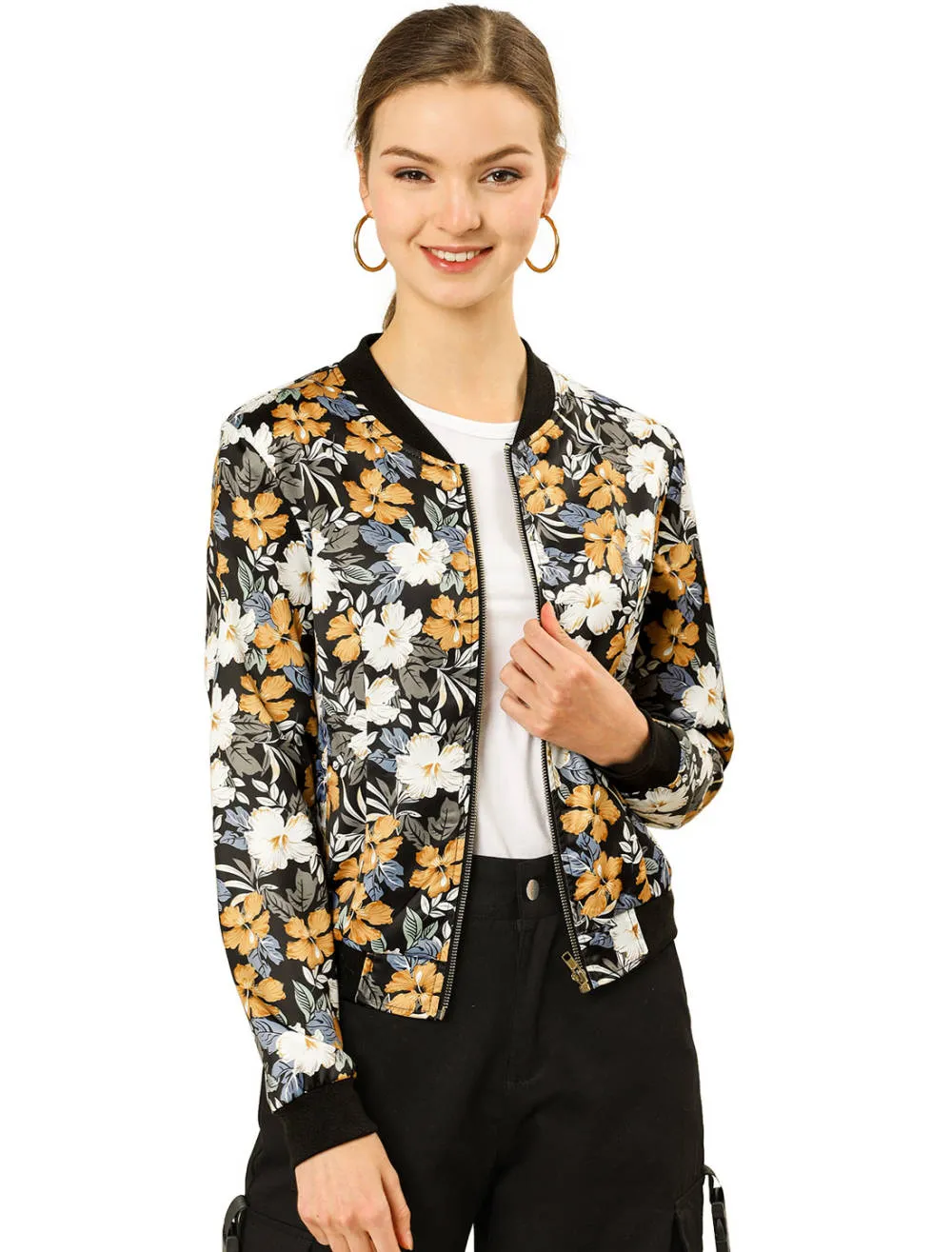 Allegra K- Stand Collar Zip up Print Crop Bomber Jacket sold by Reitmans