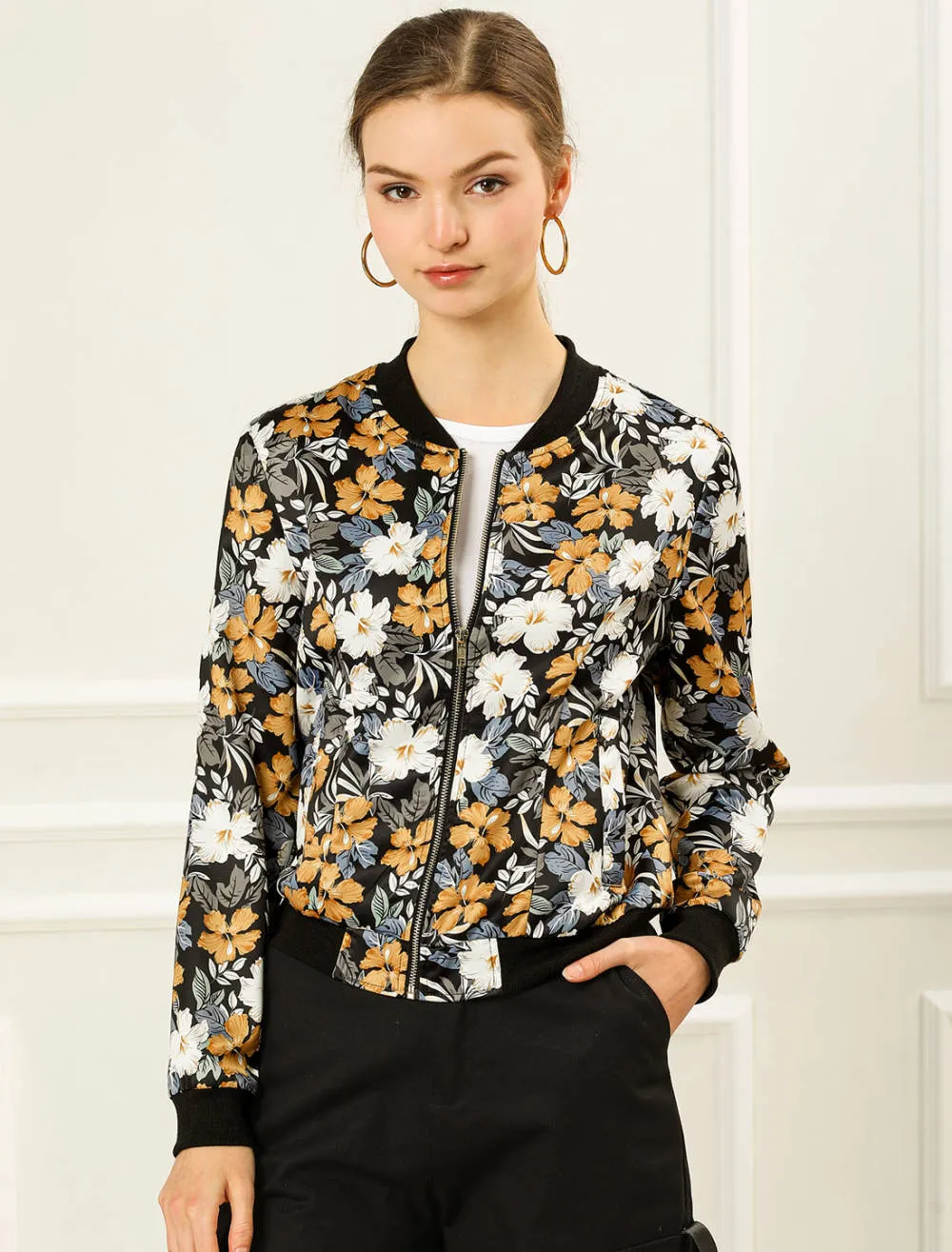 Allegra K- Stand Collar Zip up Print Crop Bomber Jacket sold by Reitmans product image thumbnail 3