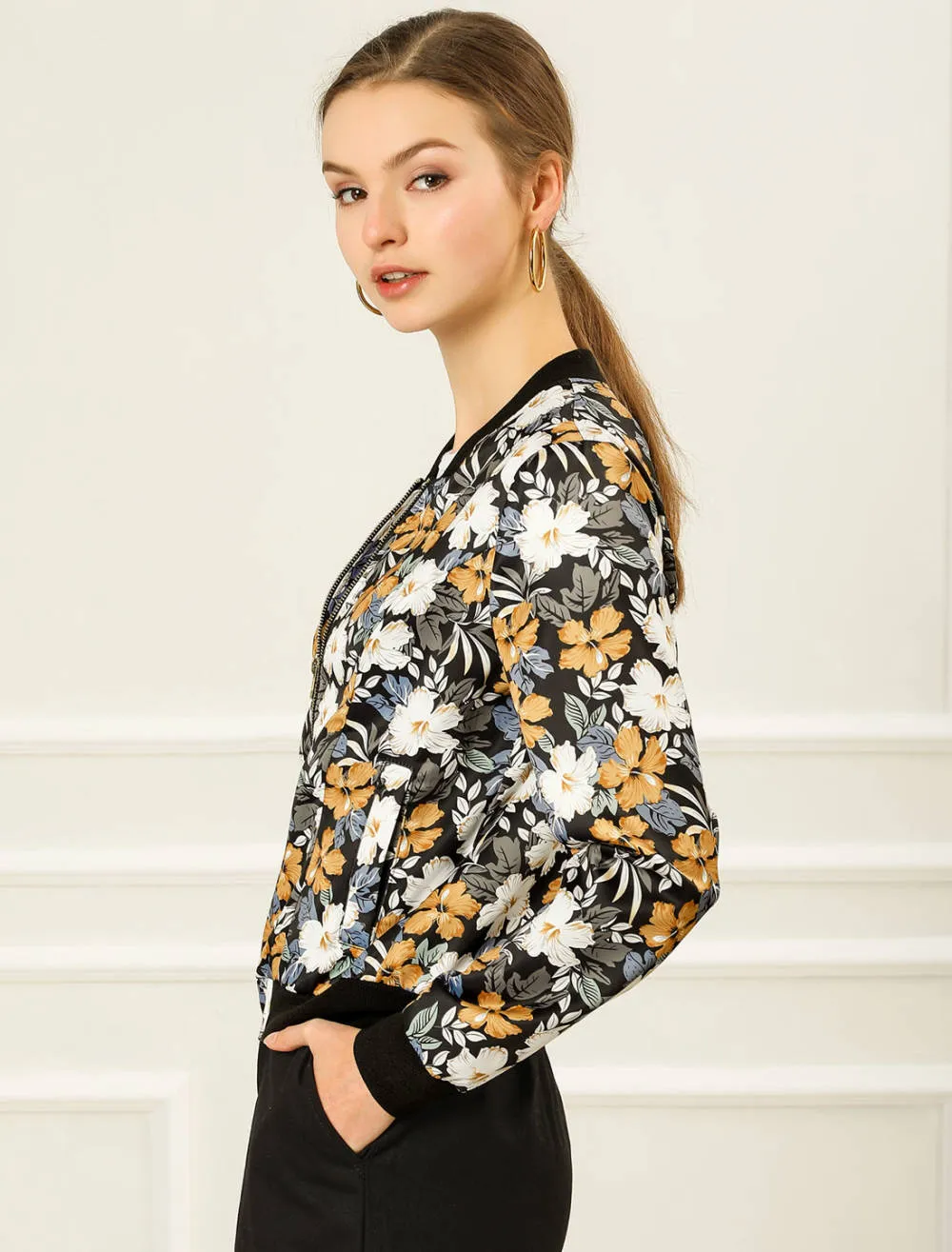 Allegra K- Stand Collar Zip up Print Crop Bomber Jacket sold by Reitmans product image thumbnail 4