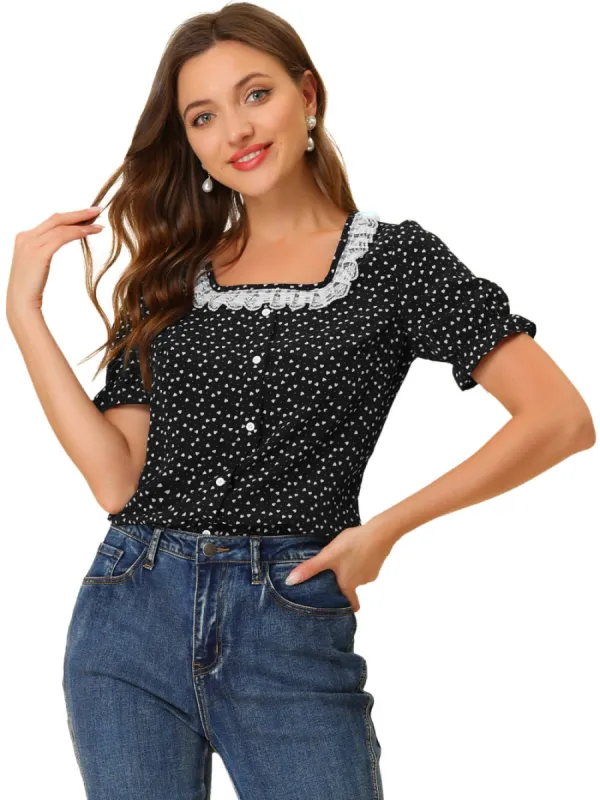 Allegra K- Square Neck Ruffle Sleeve Heart Print Blouse sold by Reitmans