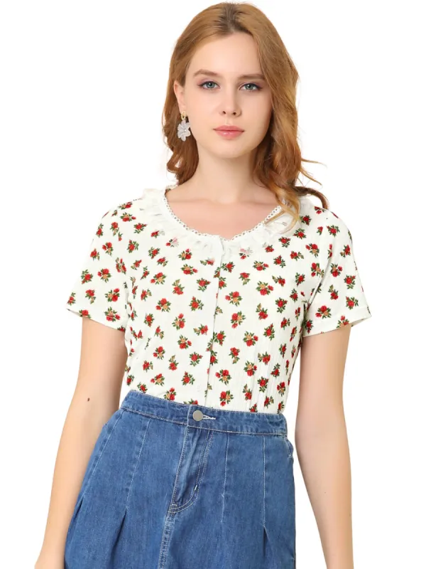 Allegra K - Button Down Short Sleeve Lace Trim Floral Top sold by Reitmans