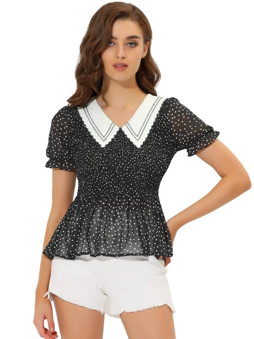 Allegra K- Smocked Polka Dots Peplum Blouse sold by Reitmans