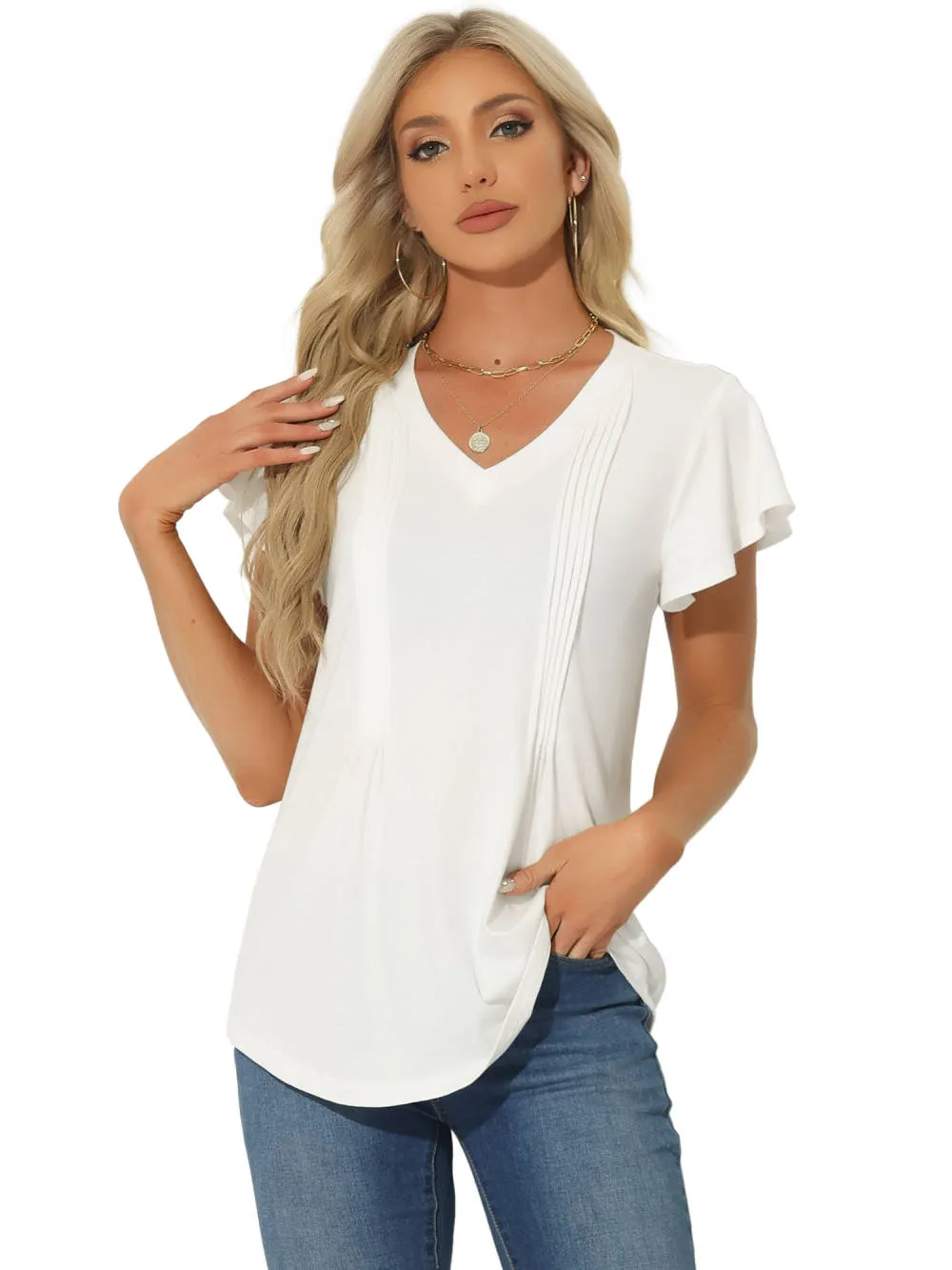 Allegra K- Cap Sleeves Pleated V Neck Tops sold by Reitmans