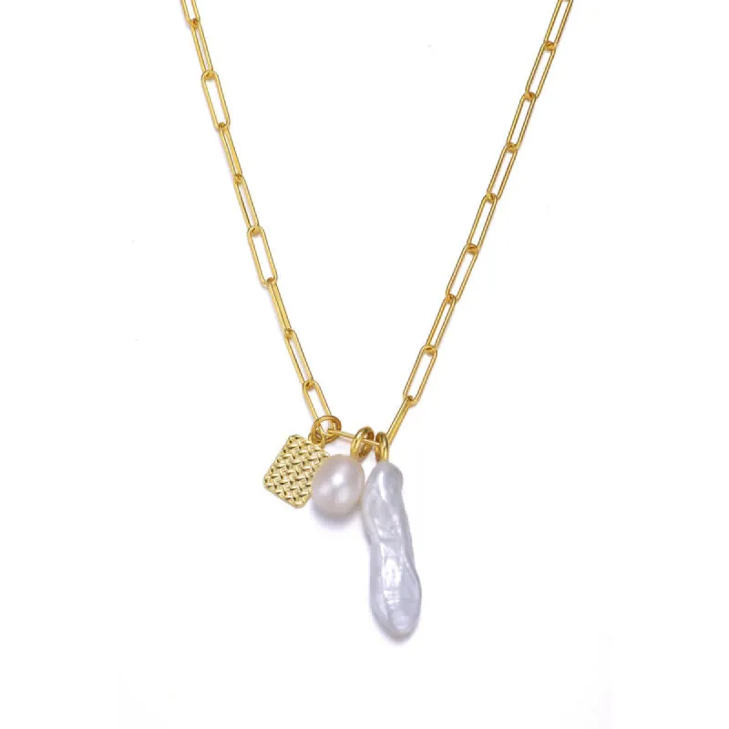 Genevive Sterling Silver 14k Gold Plated Genuine Freshwater Pearl Triple Pendant Necklace sold by Reitmans