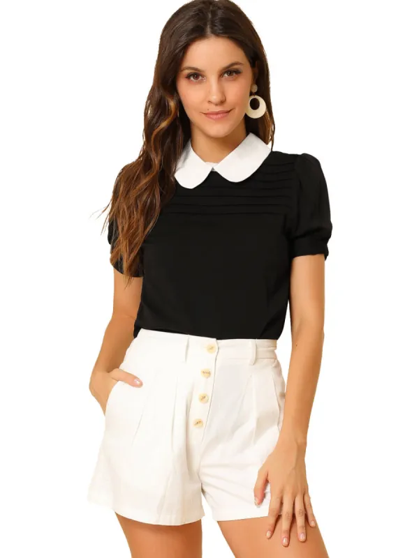 Allegra K- Pan Collar Puff Short Sleeve Pleated Blosue sold by Reitmans