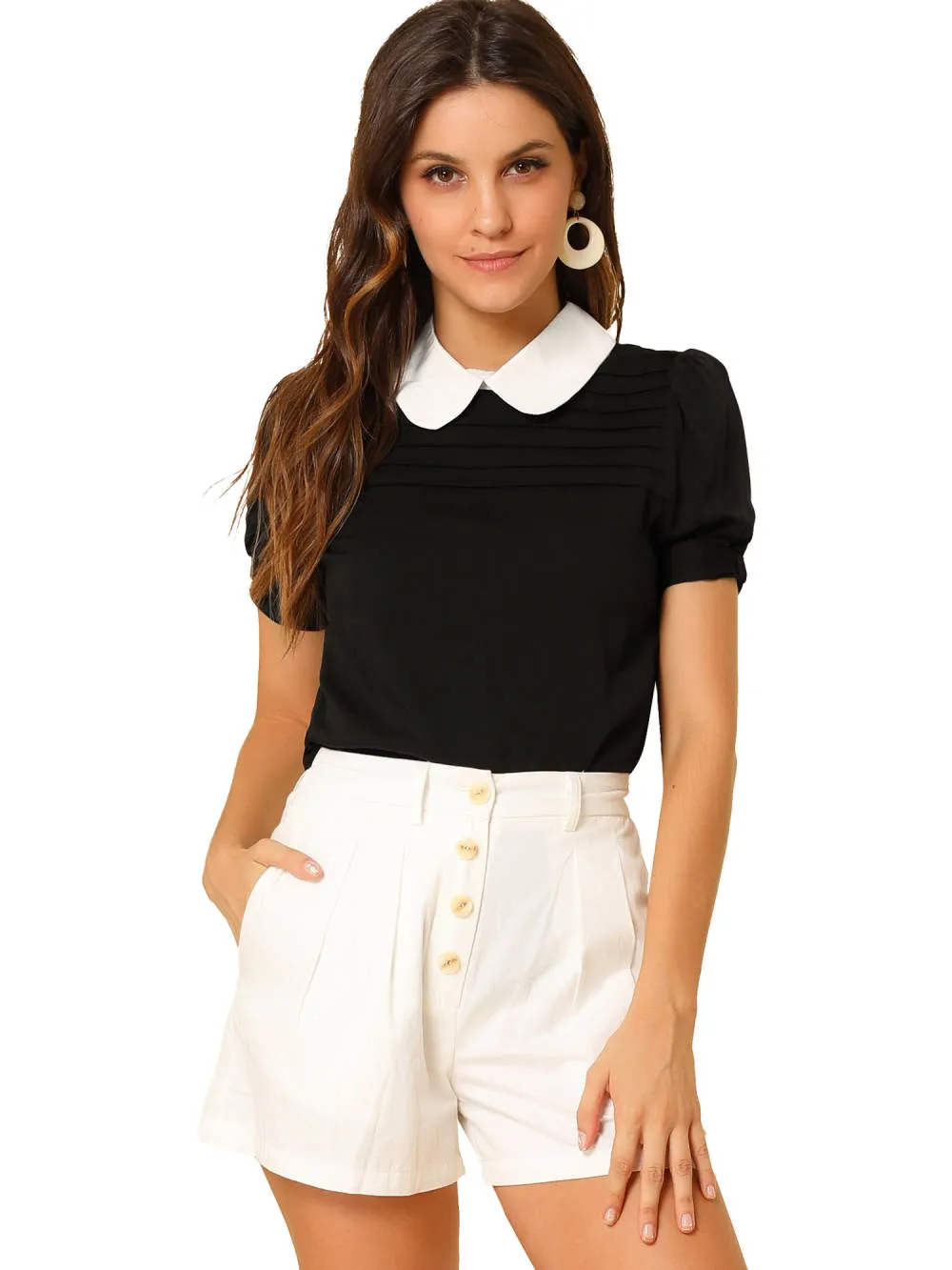 Allegra K- Pan Collar Puff Short Sleeve Pleated Blosue sold by Reitmans