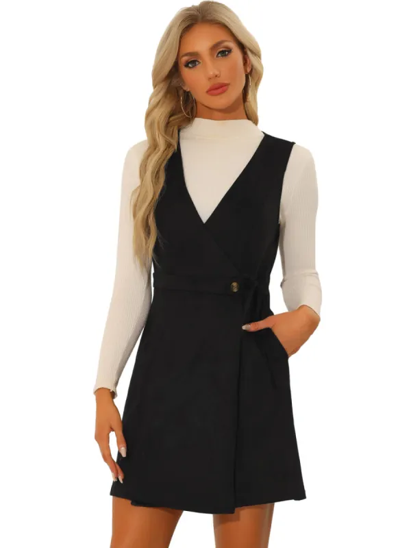 Allegra K- Suede Overall Dress V Neck Vintage A-Line Pinafore sold by Reitmans