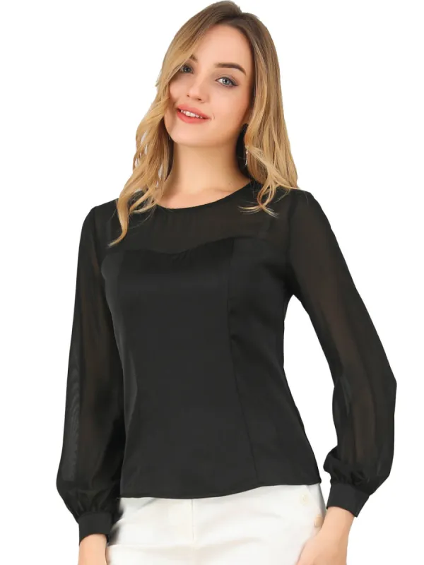 Allegra K- Satin Mesh Panel Sheer Lantern Sleeve Top sold by Reitmans