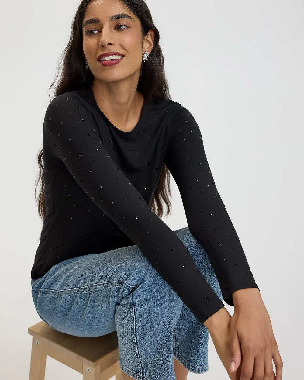 Long-Sleeve Crew-Neck Studded Top sold by Reitmans
