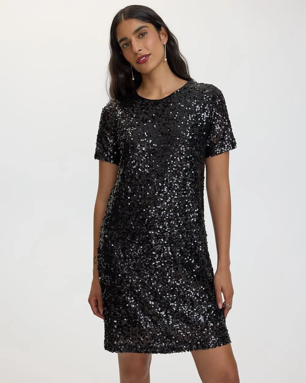 Short-Sleeve Crew-Neck Sequins Shift Dress sold by Reitmans