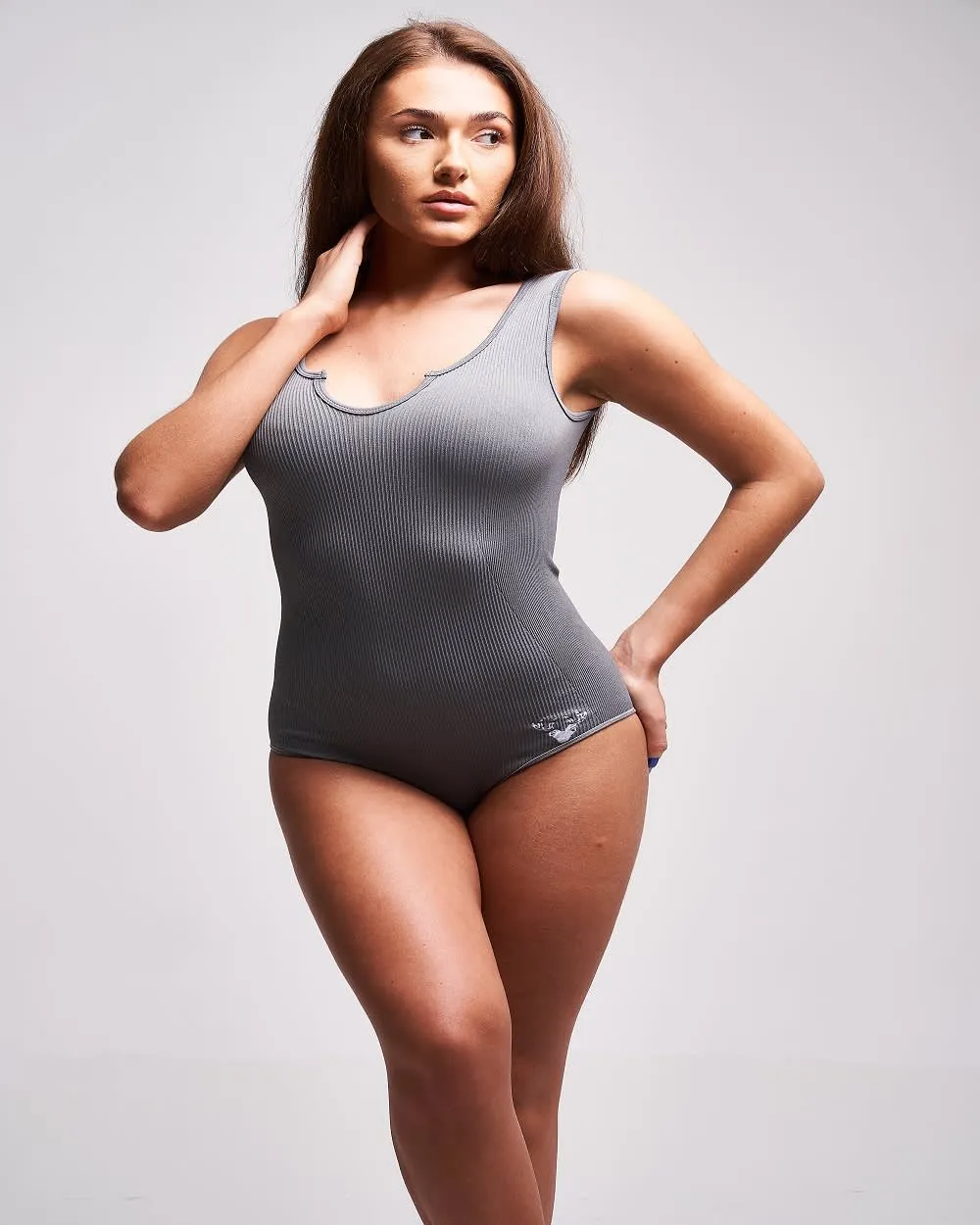 Twill Active - Creora Recycled Rib Notch Neck Bodysuit - Grey sold by Reitmans
