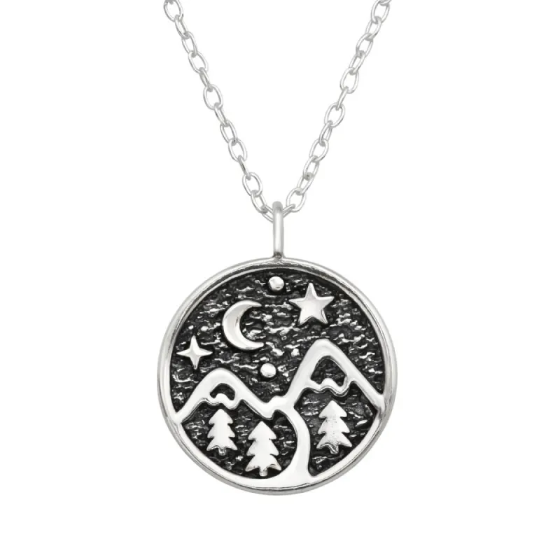 Sterling Silver Oxidized Moon Mountain Round Pendant Necklace - Ag Sterling sold by Reitmans