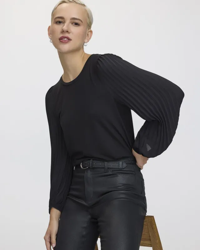 Pleated-Long-Sleeve Boat-Neck Mix-Media Top sold by Reitmans