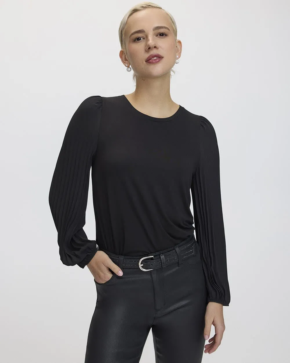 Pleated-Long-Sleeve Boat-Neck Mix-Media Top sold by Reitmans product image thumbnail 3