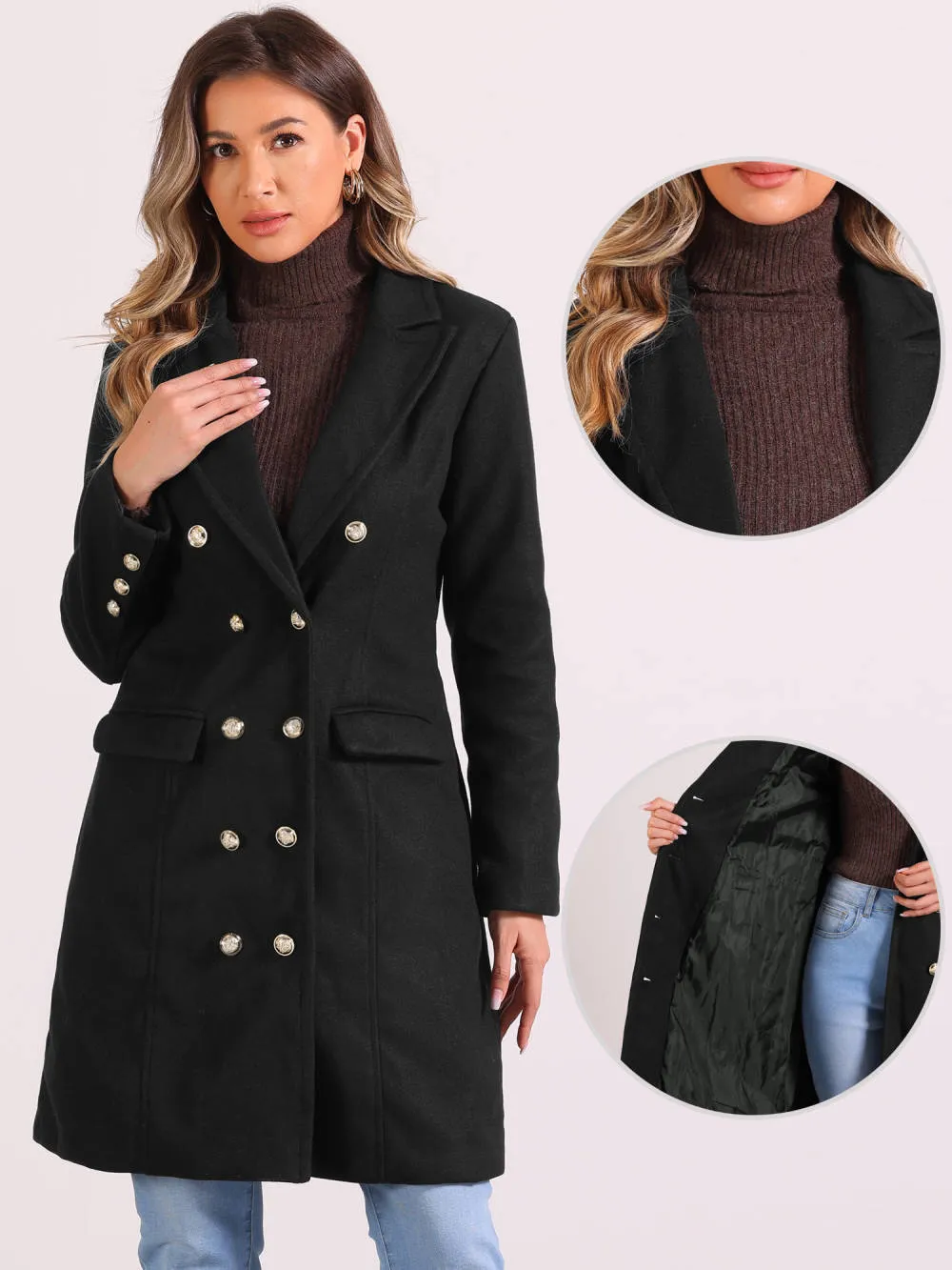 Allegra K - Notched Lapel Double Breasted Mid Long Pea Coat sold by Reitmans product image thumbnail 2