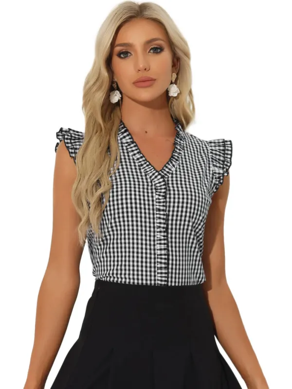 Allegra K- Ruffle Cap Sleeve Plaid Blouse sold by Reitmans