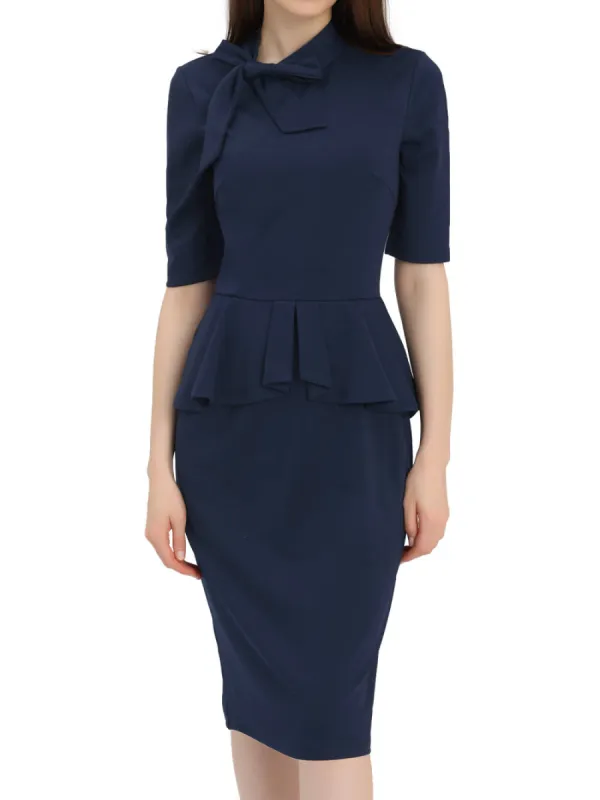 Allegra K- Round Neck Bow Ruffle Peplum Pencil Dress made by Reitmans