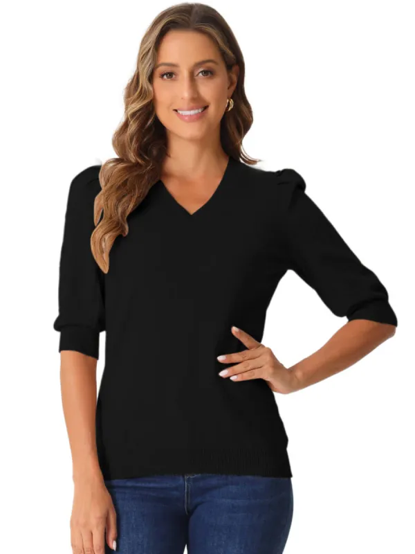 Allegra K - V Neck Puff Sleeve Knit Blouse sold by Reitmans