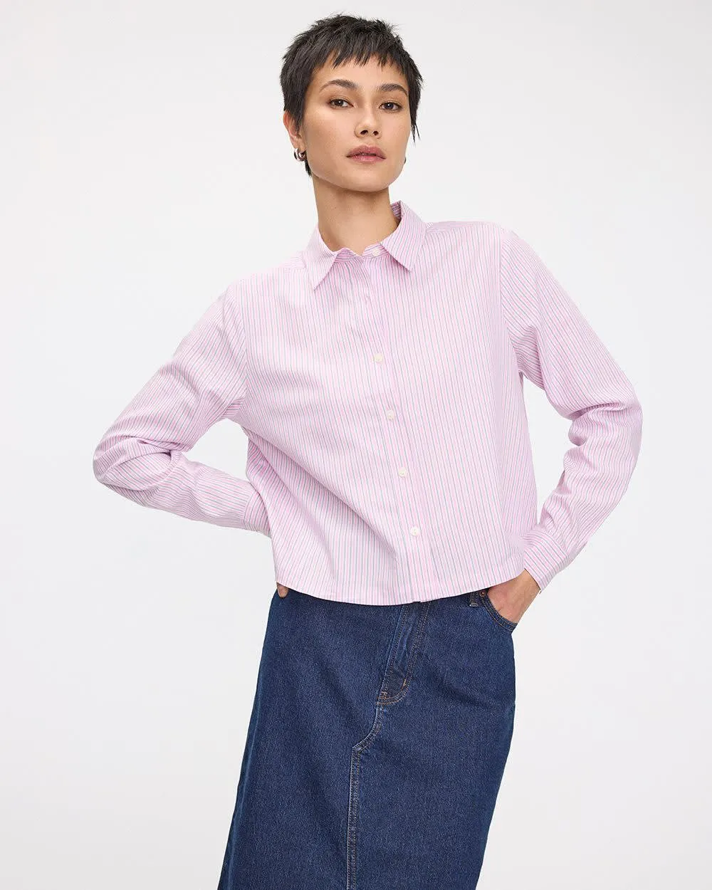 Striped Long-Sleeve Buttoned-Down Blouse with Chest Pocket sold by Reitmans