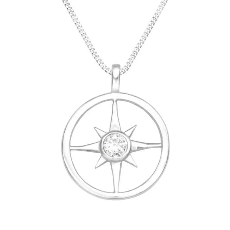 Sterling Silver Dainty Compass Pendant Necklace with Cubic Zirconia Center - Ag Sterling sold by Reitmans