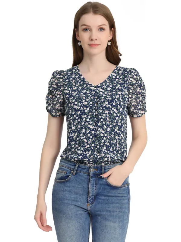 Allegra K- Puff Short Sleeve Chiffon Floral Blouse Shirt sold by Reitmans